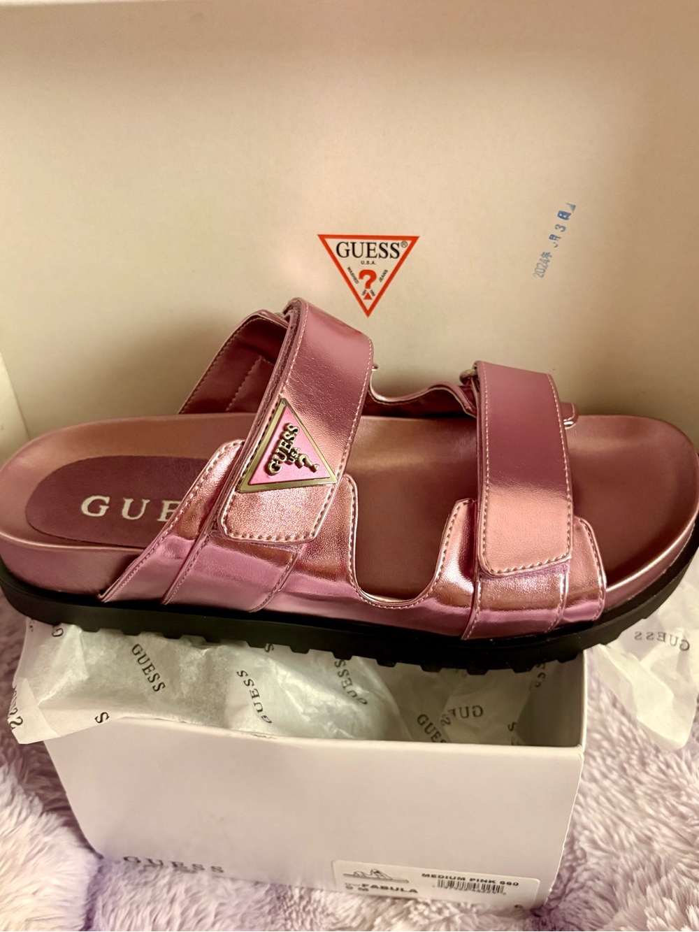 GUESS Metallic Pink Double-Strap Slide Sandals with Logo Accent